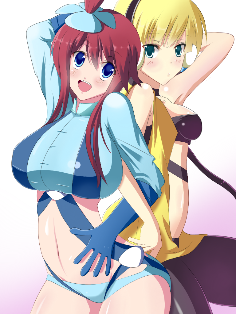 banned_artist blonde_hair blue_eyes blush breasts fay_(fay_axl) fuuro_(pokemon) gym_leader hair_ornament kamitsure_(pokemon) large_breasts long_hair midriff multiple_girls navel open_mouth pantyhose pokemon pokemon_(game) pokemon_bw red_hair smile