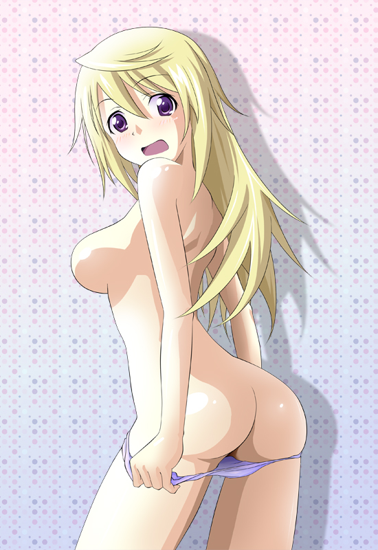 ass bare_shoulders barokkusu blonde_hair breasts charlotte_dunois hair_down infinite_stratos large_breasts long_hair open_mouth panties shiny shiny_skin solo underwear underwear_only undressing