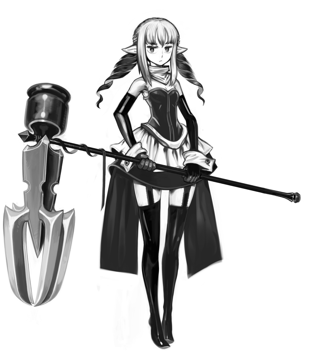 boots dress elbow_gloves frown garter_straps gloves greyscale highres huge_weapon long_hair masn_(moxi) monochrome original pointy_ears solo strapless strapless_dress thigh_boots thighhighs warhammer weapon wrist_cuffs