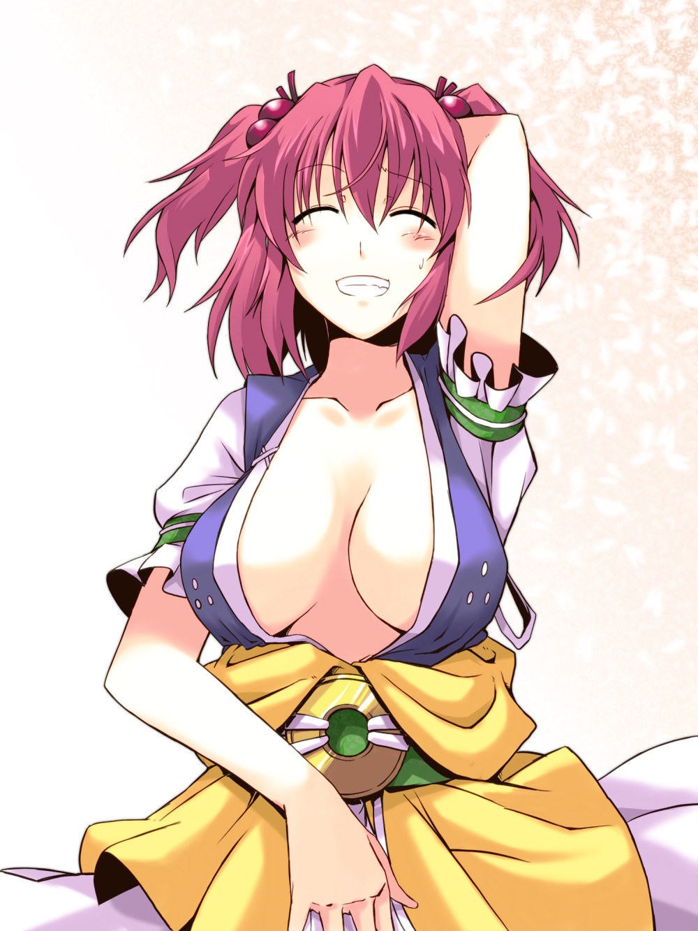 breasts cleavage grin hair_bobbles hair_ornament highres large_breasts onozuka_komachi ooike_teru red_hair short_hair smile solo touhou two_side_up upper_body