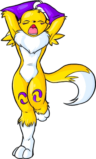 canine digimon eyes_closed female fox gloves leg_band markings nude open_mouth renamon soft solo standing stretch suta_raito tail yawn