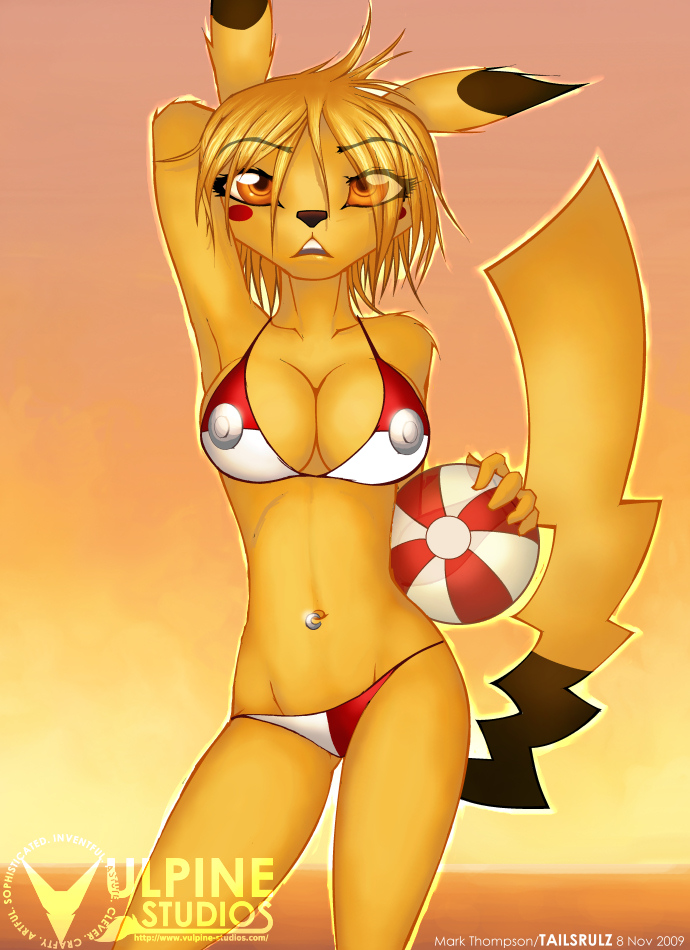beach_ball bikini breasts cleavage female luminara piercing pikachu pok&eacute;mon skimpy solo tailsrulz