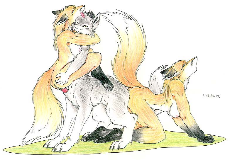 breasts canine doggy_position el_muzzle_rover female fox male multi_cock nipples nude penetration sex smile stand_and_carry_position straight taur threesome tongue_out vaginal vaginal_penetration wolf