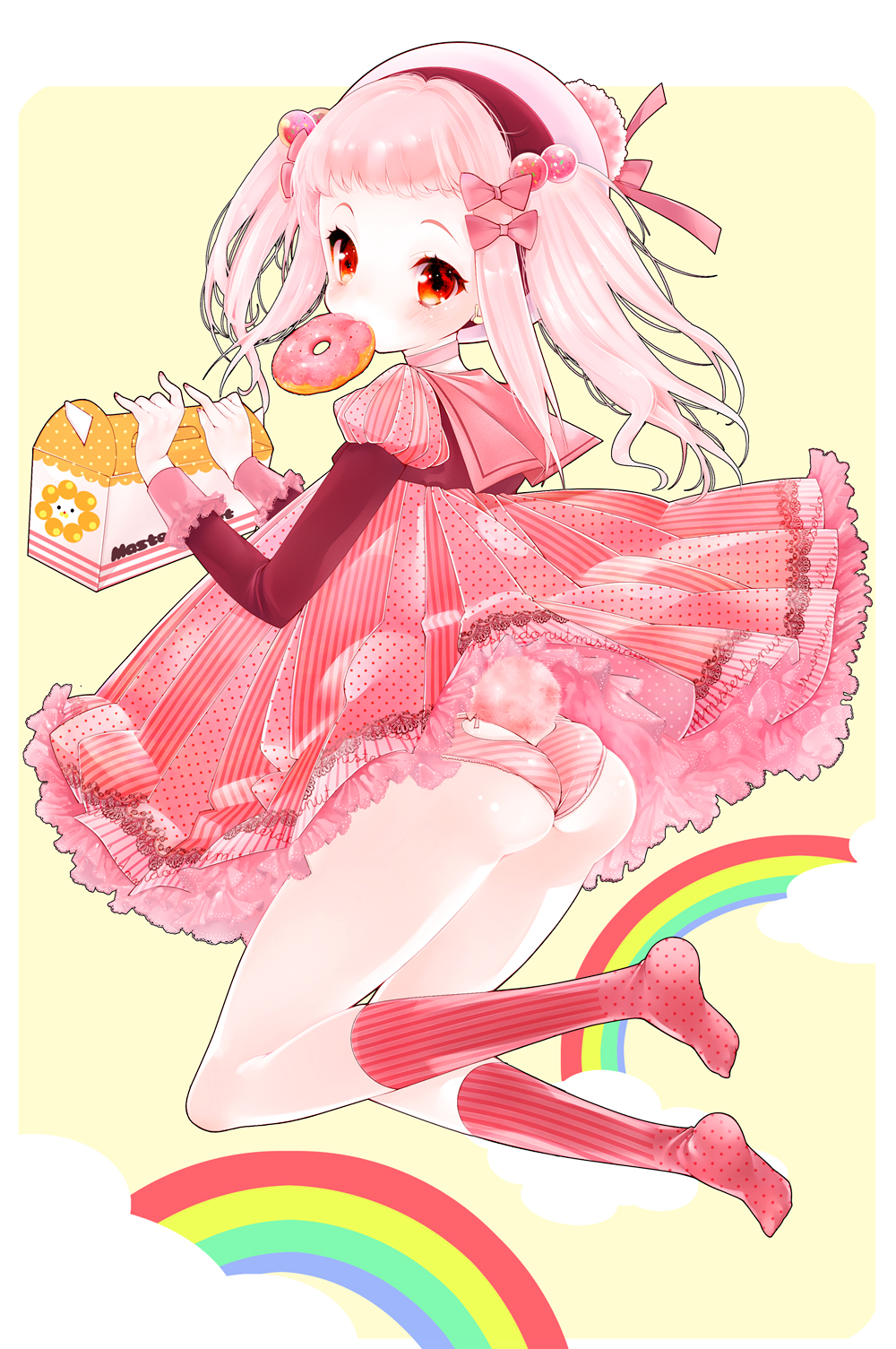ass ass_cutout bad_id bad_pixiv_id bow brand_name_imitation bunny_tail doughnut dress eating food hair_bobbles hair_bow hair_ornament hairband hat heart_cutout highres kneehighs original panties pink pink_hair red_eyes sakiyo_cake solo striped striped_panties tail twintails underwear