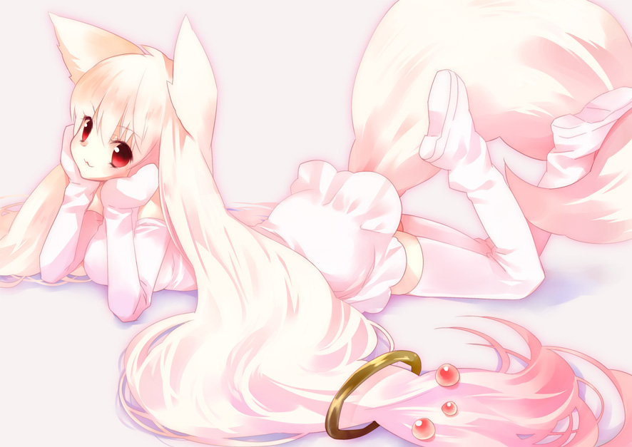 :3 animal_ears arm_support chin_rest ech hands_on_own_cheeks hands_on_own_face kyubey long_hair lying mahou_shoujo_madoka_magica on_stomach personification red_eyes solo tail thighhighs very_long_hair white_hair white_legwear zettai_ryouiki