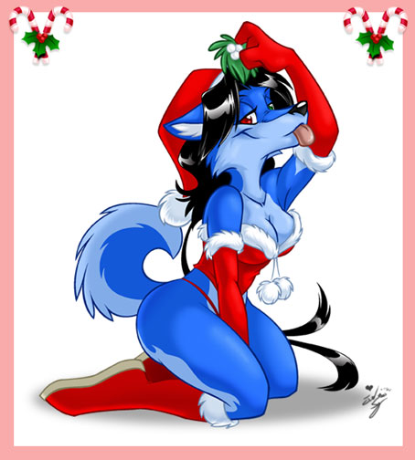 blue canine cute dog female hat heterochromia jen_seng kneeling mistletoe raised_arm santa_hat solo spunky thong tongue xmas
