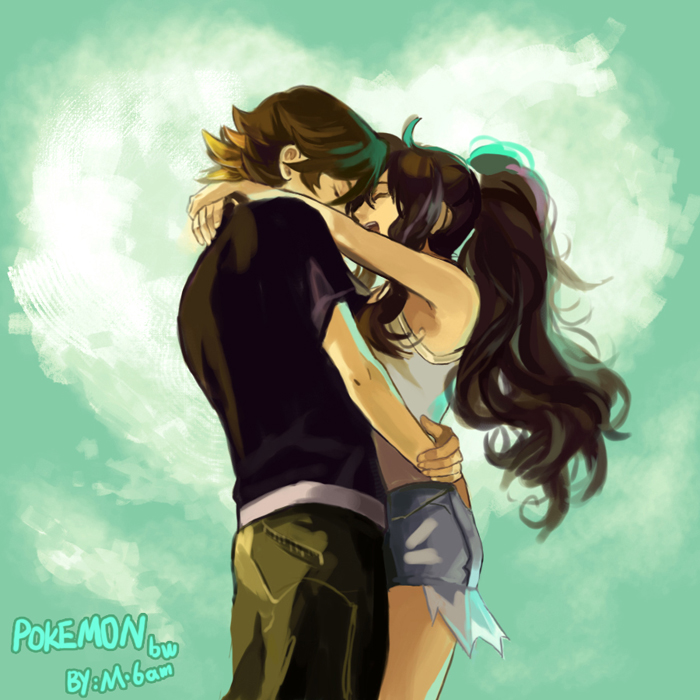 1girl :d arm_around_shoulder arms_around_waist artist_name back bad_id bad_pixiv_id bare_arms bare_shoulders blue_shorts brown_hair closed_eyes cloud comic copyright_name couple covered_mouth cutoff_jeans cutoffs denim denim_shorts face-to-face from_side green_background hand_on_own_arm happy heart hetero high_ponytail hug long_hair morning6am no_hat no_headwear no_jacket open_mouth outstretched_arms own_hands_together pants pokemon pokemon_(game) pokemon_bw profile shirt short_sleeves shorts sidelocks sleeveless smile t-shirt touko_(pokemon) touya_(pokemon)