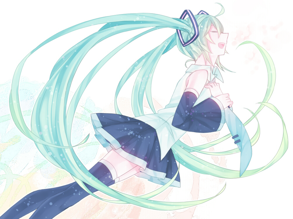 ahoge aqua_hair bad_id bad_pixiv_id detached_sleeves hand_on_own_chest hatsune_miku konnnaka long_hair music necktie open_mouth singing skirt solo thighhighs twintails very_long_hair vocaloid