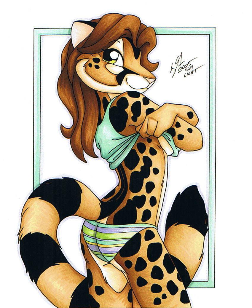 2005 breasts butt cheetah feline female hi_res looking_at_viewer michele_light panties side_boob solo standing stripes underwear undressing