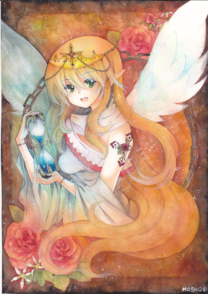 angel_wings bare_shoulders blonde_hair chain colored_pencil_(medium) crown dress flower green_eyes hourglass long_hair marker_(medium) mosho open_mouth original pointy_ears red_flower red_rose rose signature smile solo tattoo teeth traditional_media water white_dress wings