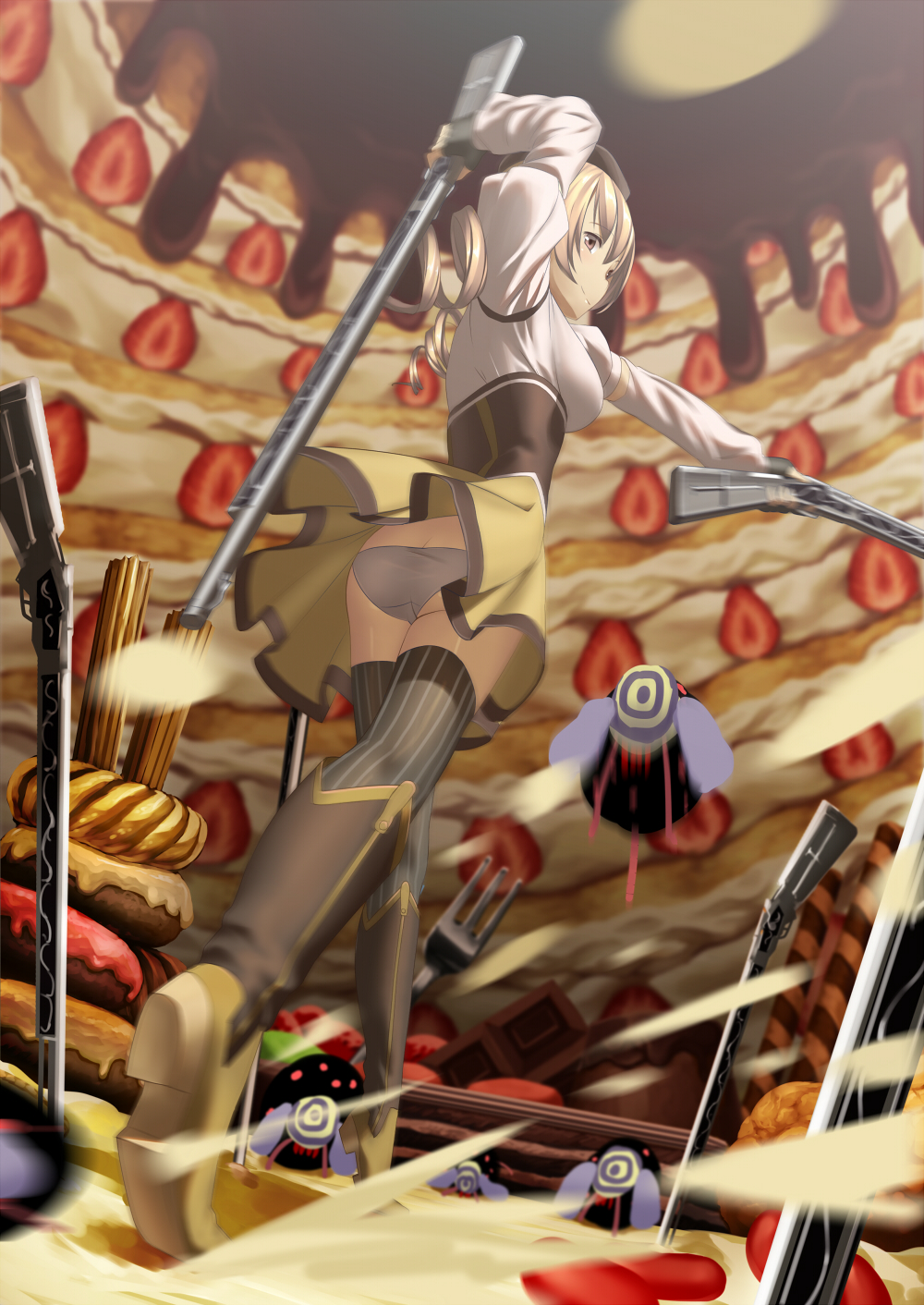 ass bad_id bad_pixiv_id beret blonde_hair blurry boots brown_legwear corset depth_of_field detached_sleeves drill_hair dual_wielding fingerless_gloves from_below gloves gun hair_ornament hairpin hat highres holding izumi_sai magical_girl magical_musket mahou_shoujo_madoka_magica motion_blur panties pantyshot perspective pleated_skirt puffy_sleeves pyotr_(madoka_magica) ribbon rifle shirt skirt solo striped striped_legwear taut_clothes taut_shirt thighhighs tomoe_mami twin_drills twintails underwear vertical-striped_legwear vertical_stripes weapon witch's_labyrinth yellow_eyes