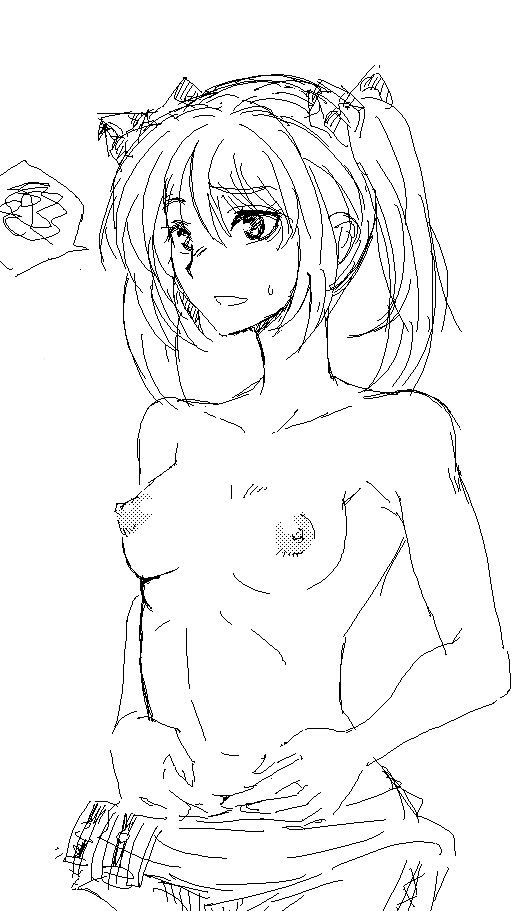 1girl breasts edy_nelson female long_hair monochrome nipples senjou_no_valkyria senjou_no_valkyria_1 shirtless sima simple_background sketch small_breasts solo topless twintails