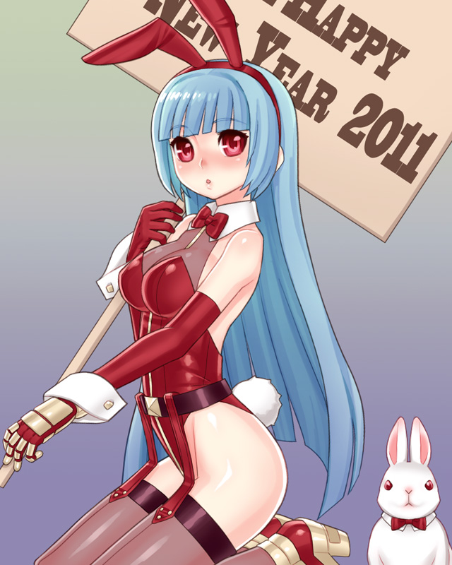 animal_ears atk bad_id bad_pixiv_id blue_hair bunny bunny_ears bunnysuit elbow_gloves garters gloves hime_cut kula_diamond leotard long_hair red_eyes red_leotard solo the_king_of_fighters thighhighs