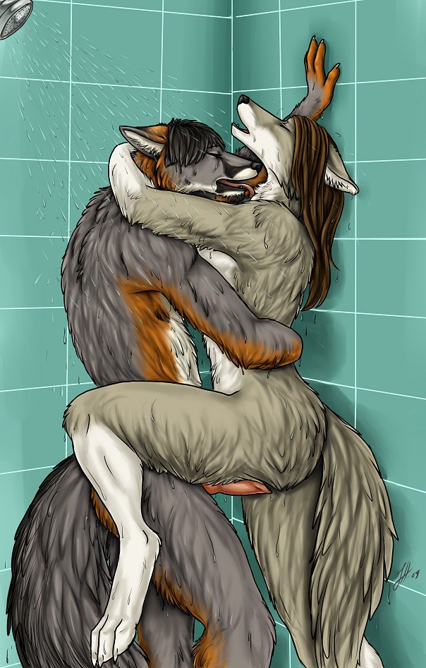 2009 canine couple female fox grey grey_fox intimate knot licking linsey_huish love male penis push raised_leg rubbing sex shower straight tail teasing tongue wall water wet wolf