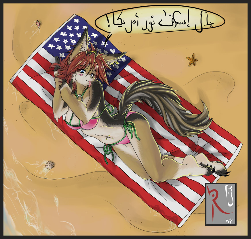 arabic arabic_text ayn beach bikini canine female flag fluff-kevlar jackal piercing seaside skimpy solo tongue