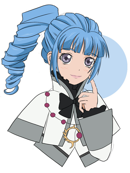 ange_serena blue_hair bow curly_hair grey_eyes jewelry necklace ponytail ribbon shawl short_hair smile solo tales_of_(series) tales_of_innocence yayoi_kotoyuki