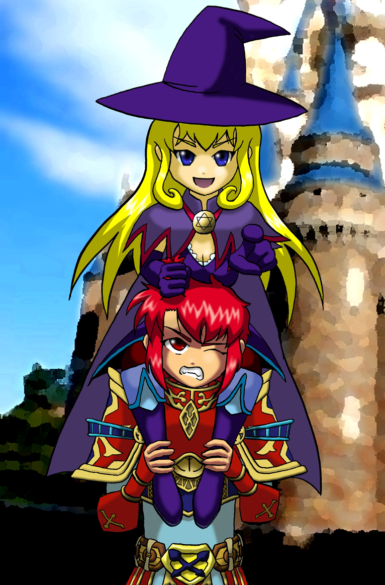 :d armor blonde_hair blue_eyes castle cloak gloves knight magical_girl pointing realphoenix red_eyes red_hair witch_hat