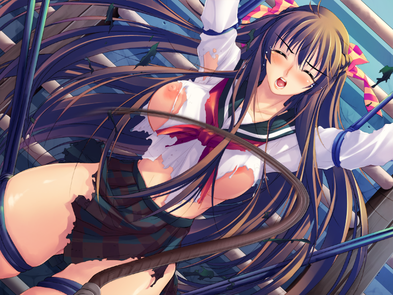 bdsm blush breasts crepe eyes_closed long_hair nipples school_uniform torn_clothes whip whipping