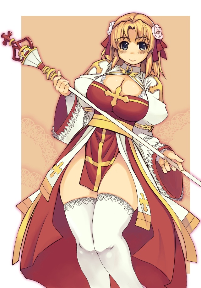 archbishop blonde_hair bow breasts cleavage cleavage_cutout cross hair_bow large_breasts pelvic_curtain ragnarok_online ribbon scepter smile solo thick_thighs thighhighs thighs white_legwear wide_hips xration