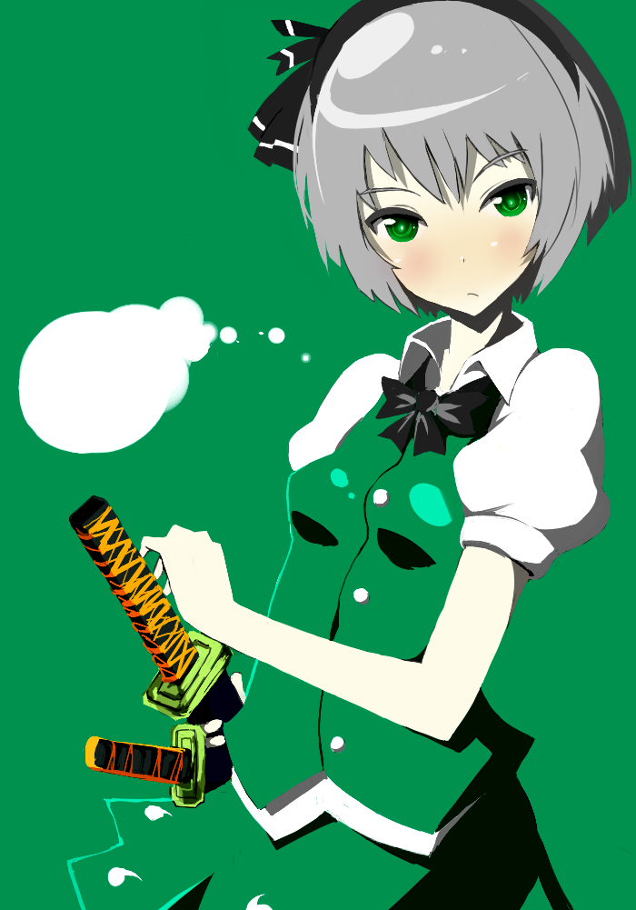 bad_id bad_pixiv_id black_hairband blush bob_cut bow fu_(counting01) ghost green_eyes grey_hair hairband hitodama katana konpaku_youmu konpaku_youmu_(ghost) scabbard sheath sheathed short_hair silver_hair solo sword touhou vest weapon