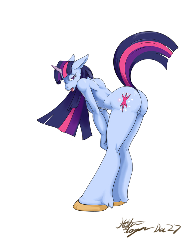 anthrofied bent_over breasts butt equine female friendship_is_magic hair hattonslayden hooves horn horse looking_at_viewer mammal my_little_pony plain_background pony pose pussy signature solo tail tongue tongue_out twilight_sparkle_(mlp) unicorn white_background