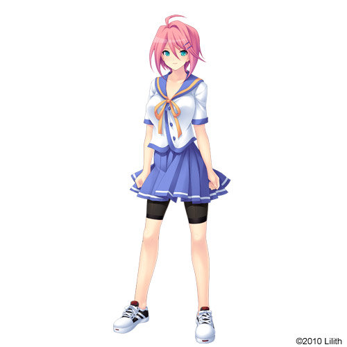 1girl blue_eyes breasts game_cg hair_clip hair_ornament hairclip large_breasts lilith-soft lowres pink_hair poyopoyo_oppai_summer school_uniform simple_background skirt solo taira_tsukune tokieda_yuzu