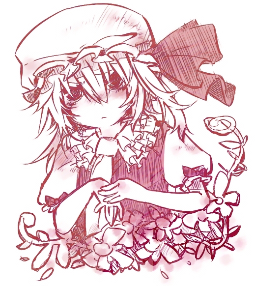 ascot bad_id bad_pixiv_id blush flandre_scarlet flower hat inazumrai monochrome short_hair short_sleeves solo touhou