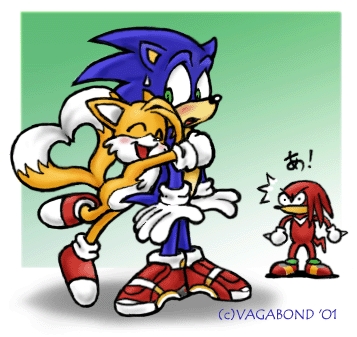 &hearts; 2001 being_watched blue blush canine cuddle eyes_closed fox gay gloves green_eyes hedgehog hug kitsune male miles_prower mobian multiple_tails shoes sonic_(series) sonic_the_hedgehog tail vagabond yellow