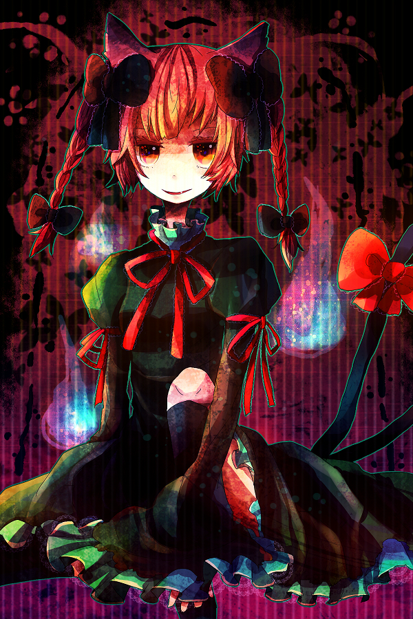 animal_ears bad_id bad_pixiv_id braid cat_ears cat_tail dress fang ghost hitodama hiyuu_(hiyualice) kaenbyou_rin multiple_tails red_eyes red_hair solo tail touhou twin_braids twintails
