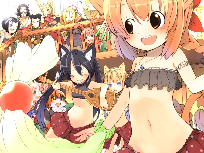 6+girls animal_ears arm_garter cat_ears crowd dancing flat_chest fuyuno_mikan instrument jewelry lute_(instrument) midriff multiple_boys multiple_girls navel necklace pixiv_fantasia pixiv_fantasia_4 tail