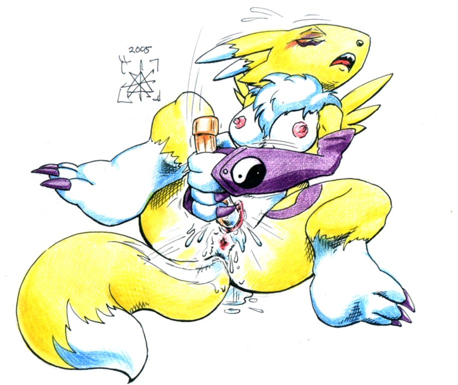 2005 blush breasts butt canine claws digimon dildo eyes_closed female fox gloves masturbation pussy pussy_juice renamon sawblade sex_toy sitting solo tail toy yellow