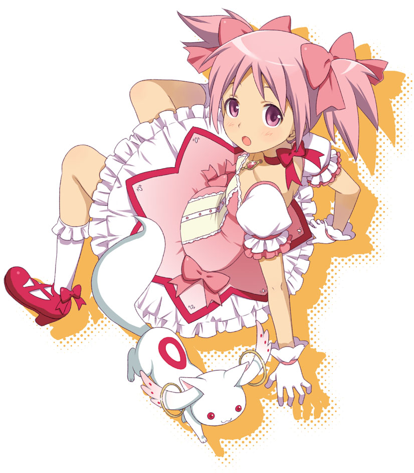 :3 :o arm_support bad_id bad_pixiv_id choker from_above gloves jewelry kaname_madoka kyubey mahou_shoujo_madoka_magica mattaku_mousuke pendant pink_eyes pink_hair puffy_sleeves red_choker red_eyes short_twintails sitting skirt socks twintails