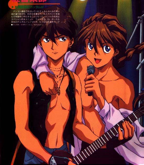 2boys abs braid brown_hair chest duo_maxwell earrings guitar gundam gundam_wing heero_yui heero_yuy instrument jewelry long_hair male male_focus microphone multiple_boys muscle musical_instrument necklace vest