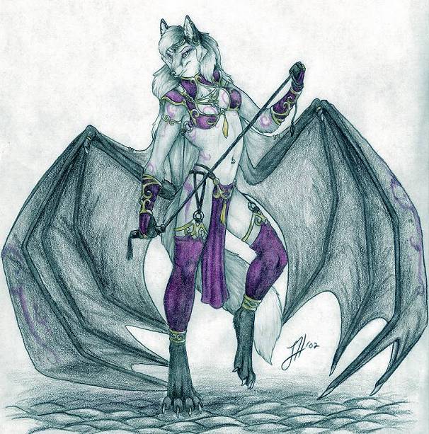 bat_wings canine female leggings linsey_huish loincloth looking_at_viewer piercing skimpy solo tattoo underwear whip wings