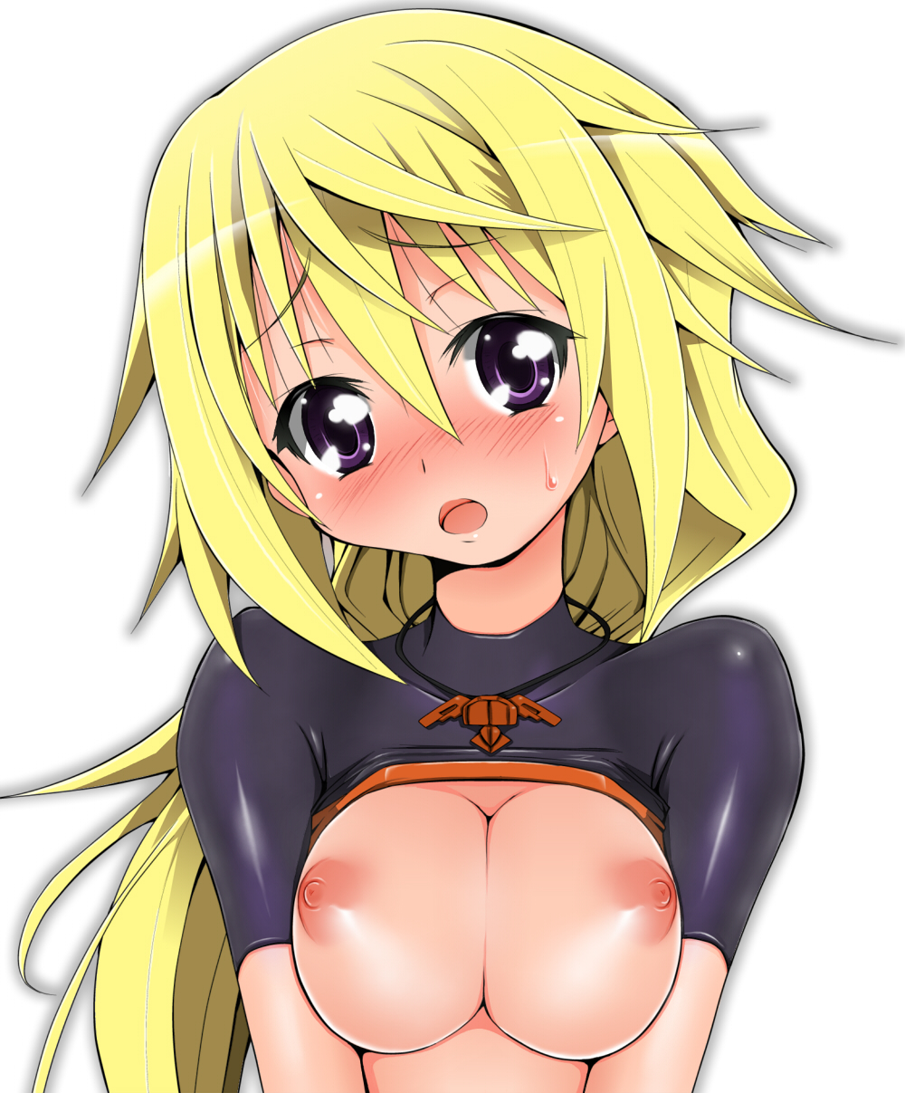 blush breasts charlotte_dunois highres infinite_stratos jewelry long_hair medium_breasts naz necklace nipples open_mouth pilot_suit purple_eyes shirt_lift solo