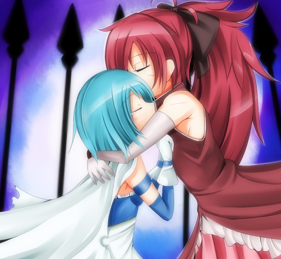 closed_eyes daddy_pomgi hug long_hair magical_girl mahou_shoujo_madoka_magica miki_sayaka multiple_girls ponytail sakura_kyouko short_hair tears