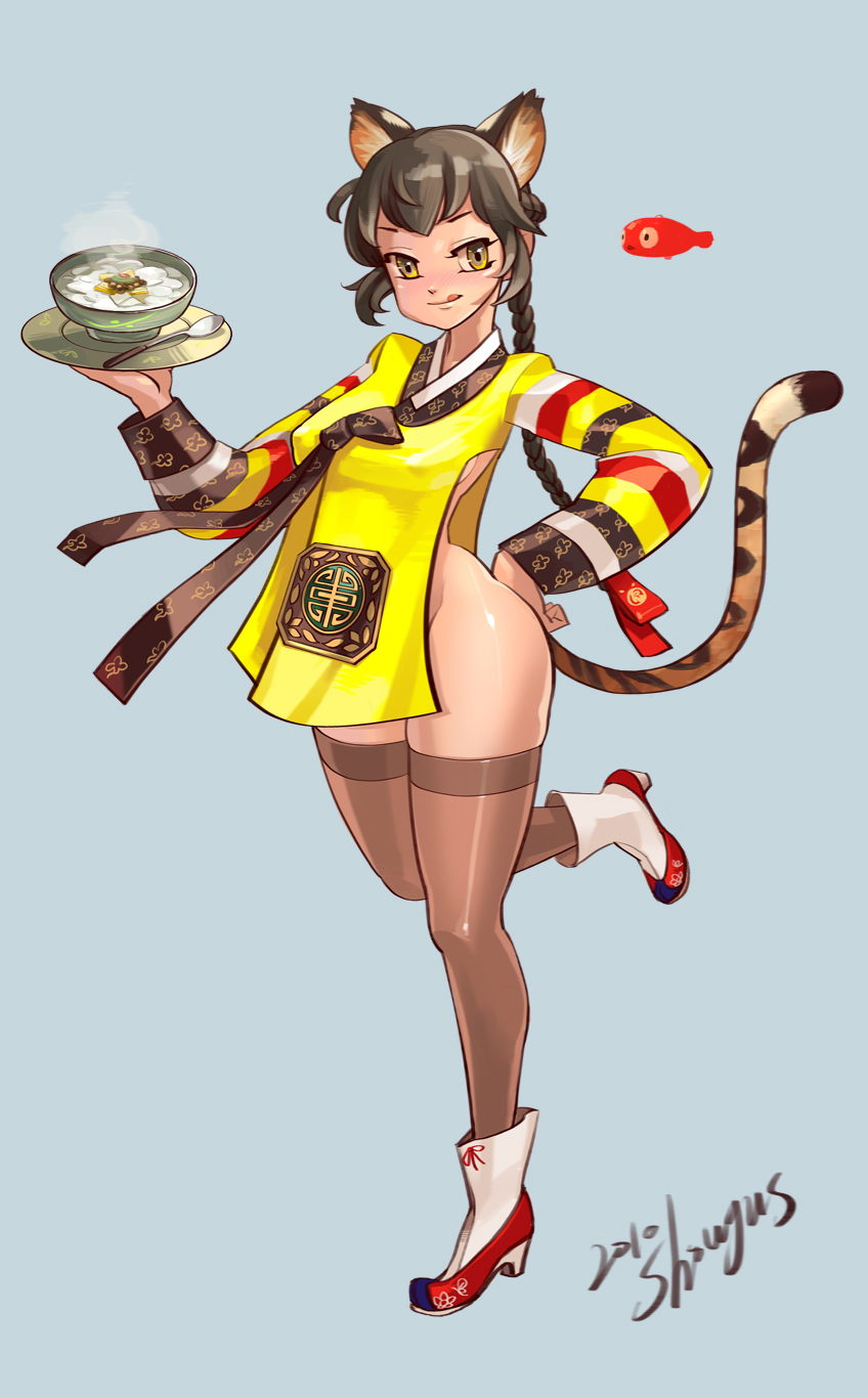 animal_ears ass boots braid brown_eyes brown_hair cat_ears copyright_request fish food hanbok highres korean_clothes long_hair long_sleeves no_panties showgus signature simple_background solo soup tail thighhighs tiger_ears tiger_tail yellow_eyes