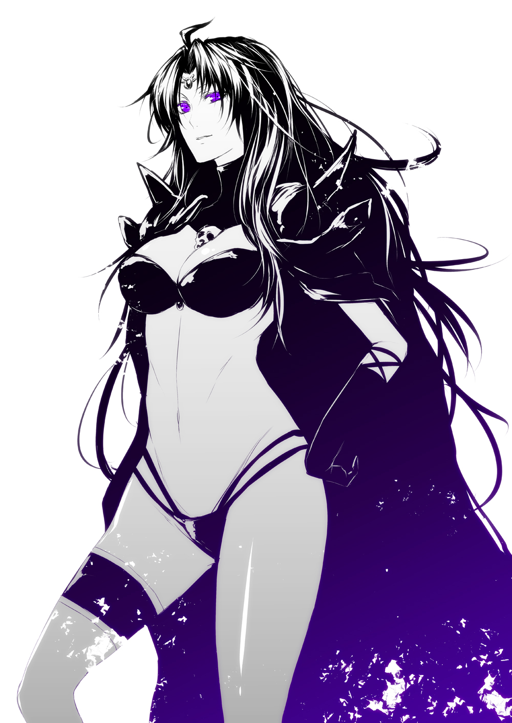 bad_id bad_pixiv_id banned_artist black_hair breasts cape cleavage gradient hand_on_hip highres large_breasts long_hair monochrome naga_the_serpent purple purple_eyes revealing_clothes s_tanly skull slayers solo spikes spot_color thigh_strap