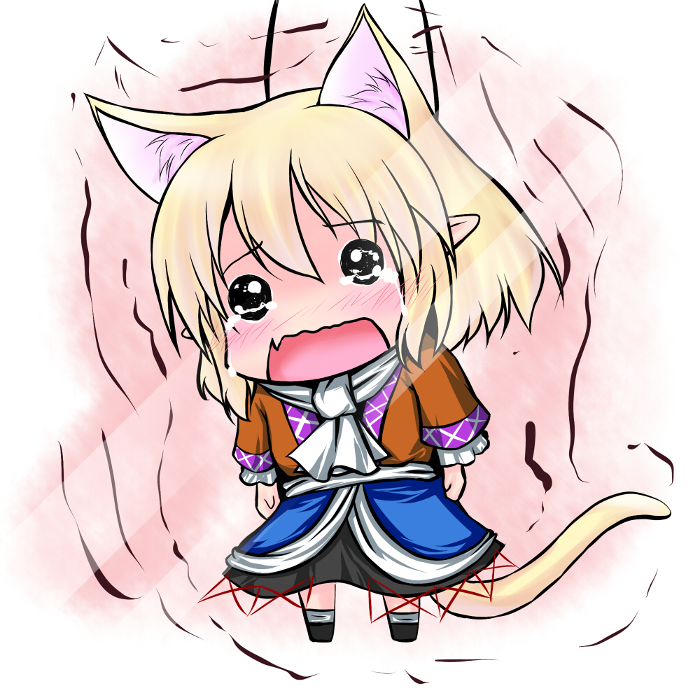 animal_ears blonde_hair cat_ears cat_tail chibi extra_ears fang hoshizuki_(seigetsu) kemonomimi_mode mizuhashi_parsee open_mouth puru-see scarf solo tail tears touhou trembling