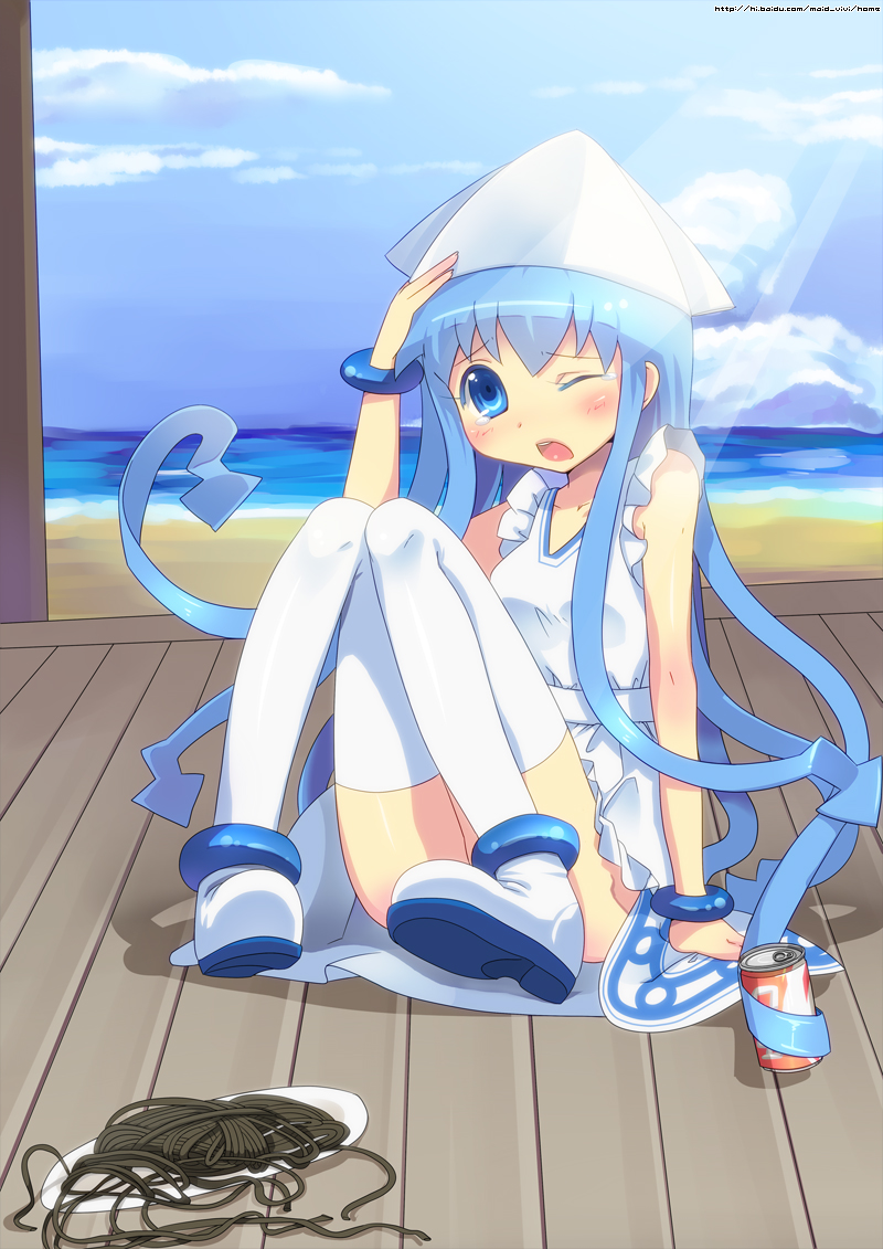 bad_id bad_pixiv_id black_spaghetti blue_eyes blue_hair bracelet fallen_down food hat ikamusume jewelry light_rays long_hair mvv one_eye_closed pasta shinryaku!_ikamusume solo spaghetti sunbeam sunlight tears tentacle_hair thighhighs white_legwear