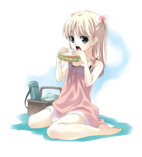 barefoot basket blonde_hair blue_eyes bomi child copyright_request dress eating food long_hair looking_at_viewer open_mouth picnic_basket sandwich sitting solo two_side_up wariza