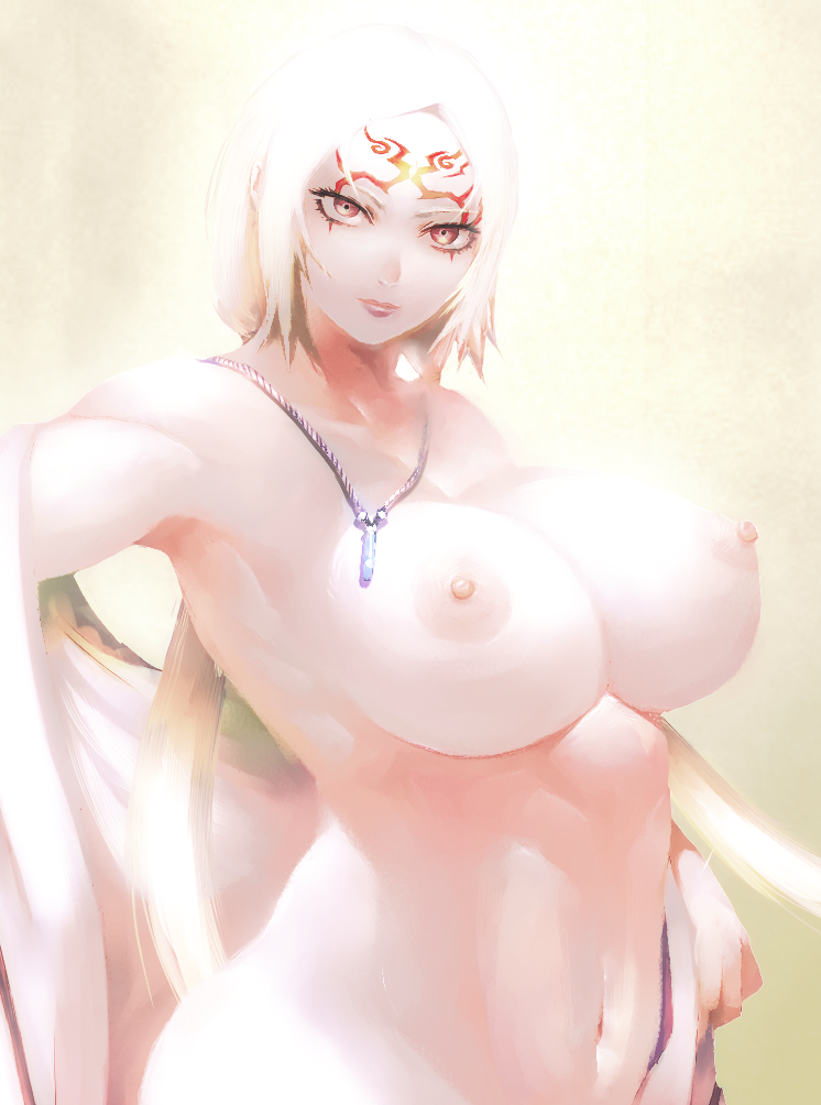 blonde_hair breasts brown_eyes cleavage facial_tattoo homex huge_breasts jewelry large_breasts long_hair naruto naruto_(series) navel necklace nipples nude pale_skin ponytail purple_eyes revision robe soft_focus tattoo tsunade undressing