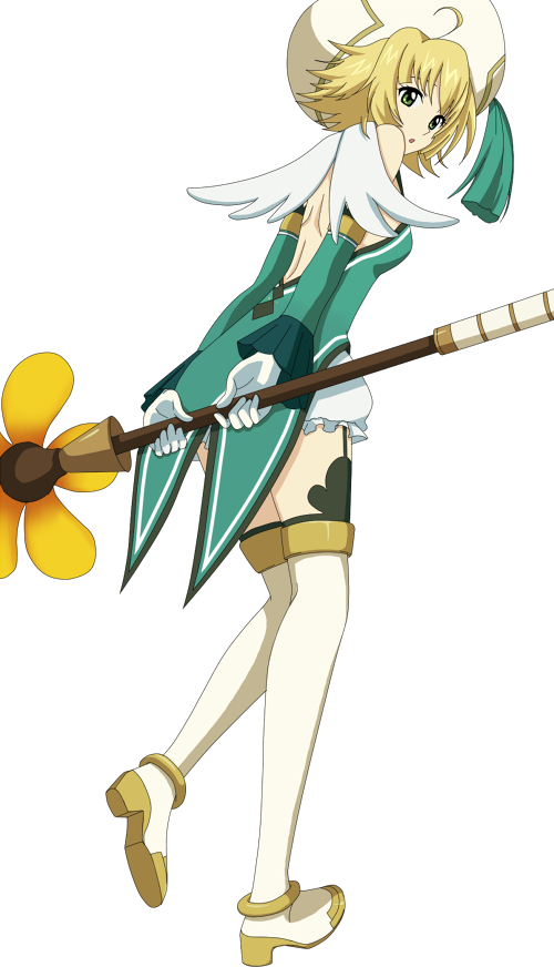 .hack// .hack//g.u. 1girl atoli bandai blonde_hair bloomers cyber_connect_2 detached_sleeves female garters gloves hat looking_back pixiv_manga_sample short_hair simple_background skyemerald solo staff thighhighs underwear white_gloves wings