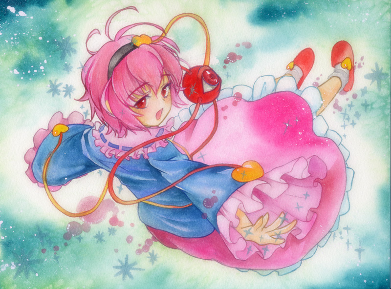 eyeball frills gathers hairband heart kinakira komeiji_satori looking_back outstretched_arms pink_hair red_eyes short_hair skirt slippers solo sparkle spread_arms third_eye touhou traditional_media