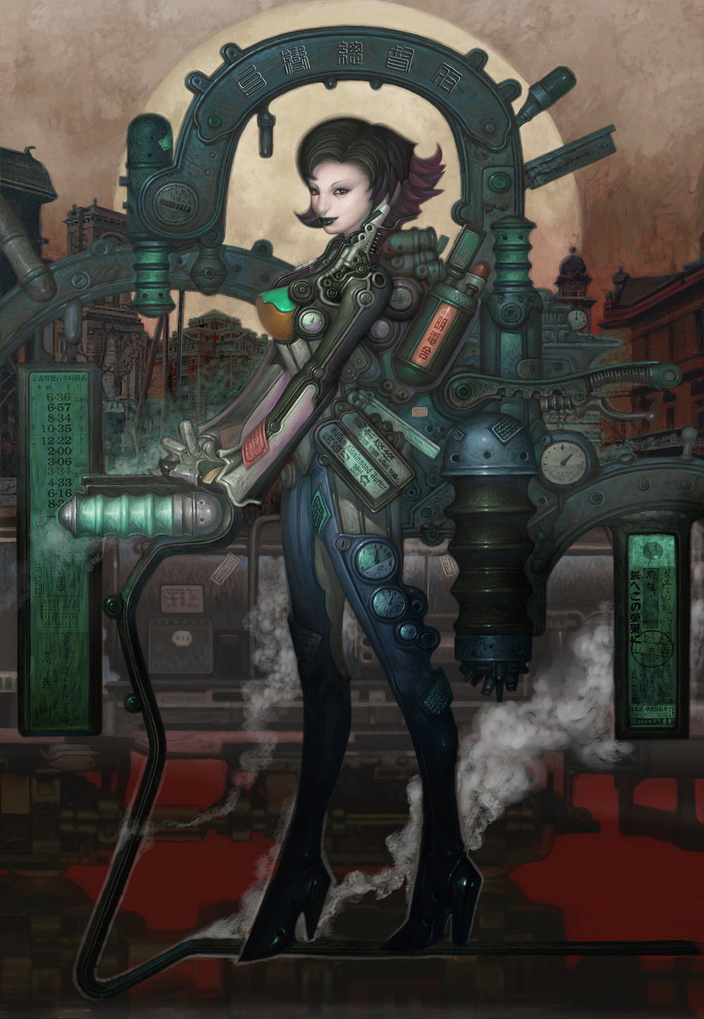 black_eyes black_hair black_lipstick bodysuit breasts clock gloves high_heels highres kcn large_breasts lipstick looking_at_viewer machinery makeup multicolored_hair original pale_skin shoes short_hair solo steampunk two-tone_hair
