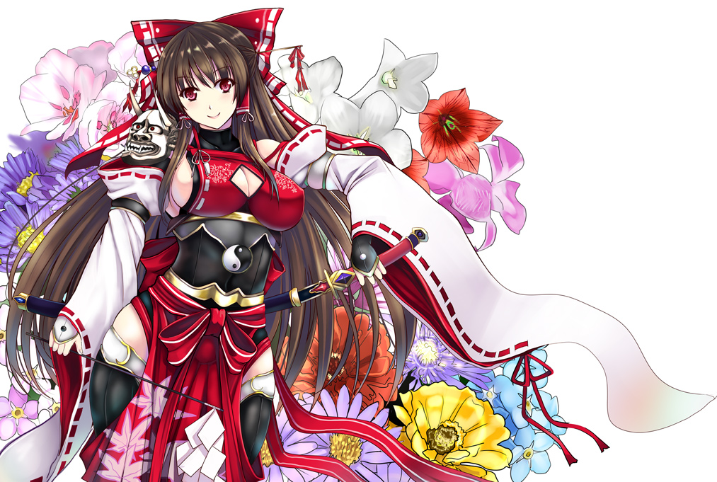 adapted_costume armor armored_dress bad_id bad_pixiv_id bow breasts brown_hair cleavage cleavage_cutout detached_sleeves floral_background flower hair_bow hair_ornament hair_tubes hairpin hakurei_reimu large_breasts long_hair mugenshiki obi red_eyes sash sideboob solo sword thighhighs touhou weapon yin_yang