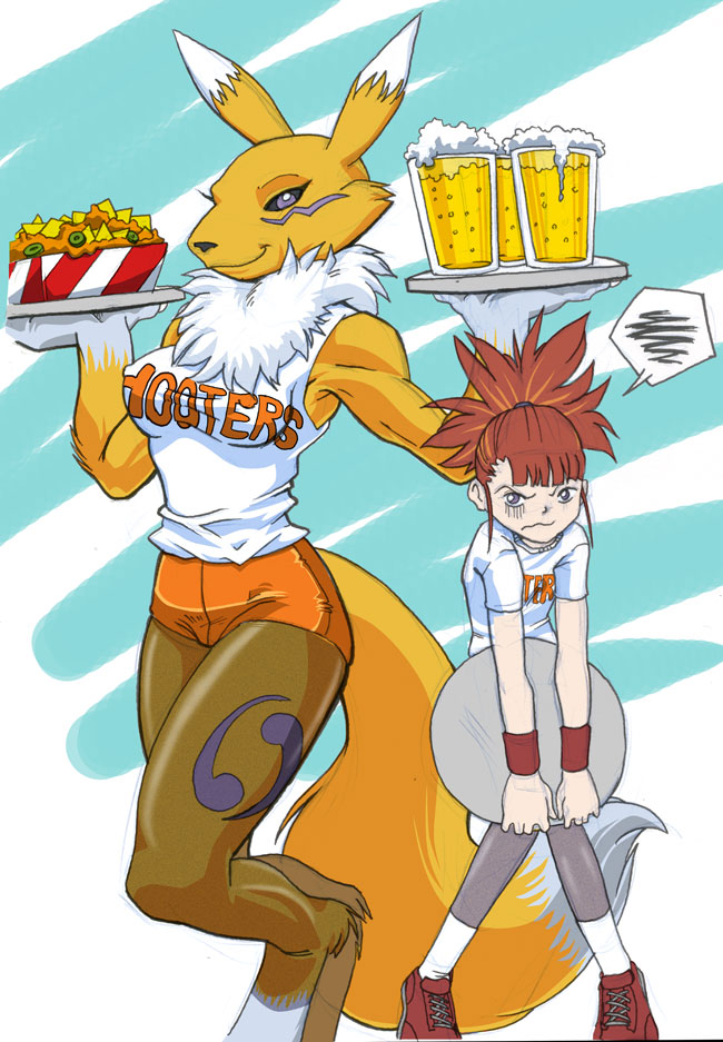 beer body_image breasts canine chest_tuft child couple digimon embarrassed female flat_chest form_fitting fox human kandlin nachos pantyhose renamon rika_nonaka scowl shorts shy tights waiter