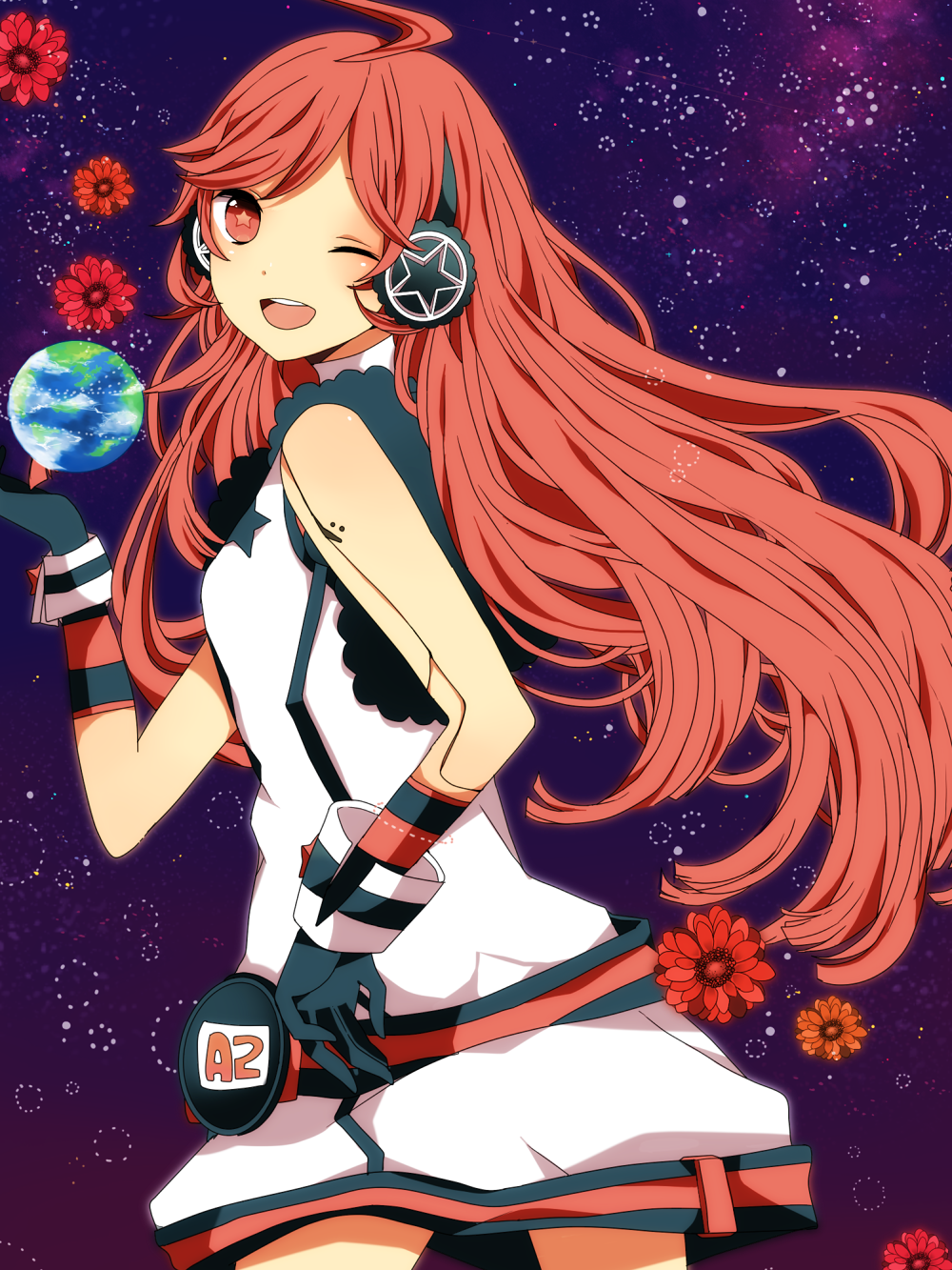 bad_id bad_pixiv_id flower headphones highres komine long_hair one_eye_closed sf-a2_miki solo vocaloid