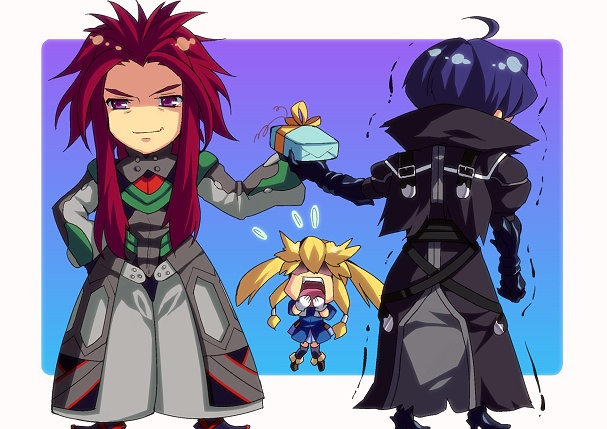 2boys ahoge belt black_armor blonde_hair blue_hair boots chibi clarissa_arwin coat elbow_gloves enoo felius_arwin from_behind gift gloves holding holding_gift kressen_(wild_arms) long_hair multiple_boys open_mouth pants purple_eyes red_hair sidelocks simple_background skirt smile surprised thighhighs twintails two-tone_background white_day wild_arms wild_arms_xf