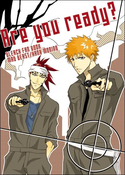 2boys abarai_renji bleach brown_eyes gun kurosaki_ichigo multiple_boys orange_hair ponytail red_hair spiked_hair spiky_hair sunglasses weapon